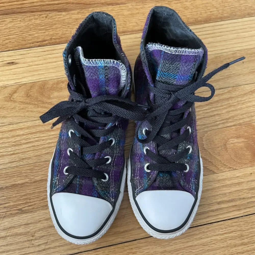 Converse Chuck Taylor All Star Kids High Top Purple Plaid Junior Size 3 - BP
